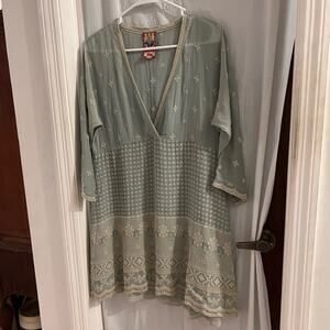 Johnny Was slate blue gray embroidered v neck mini dress size m